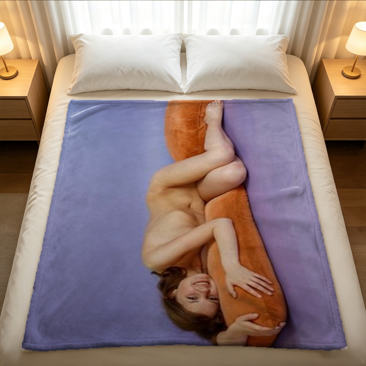 Redhead in pink lingerie on bed with woman in purple dress watching - Blanket