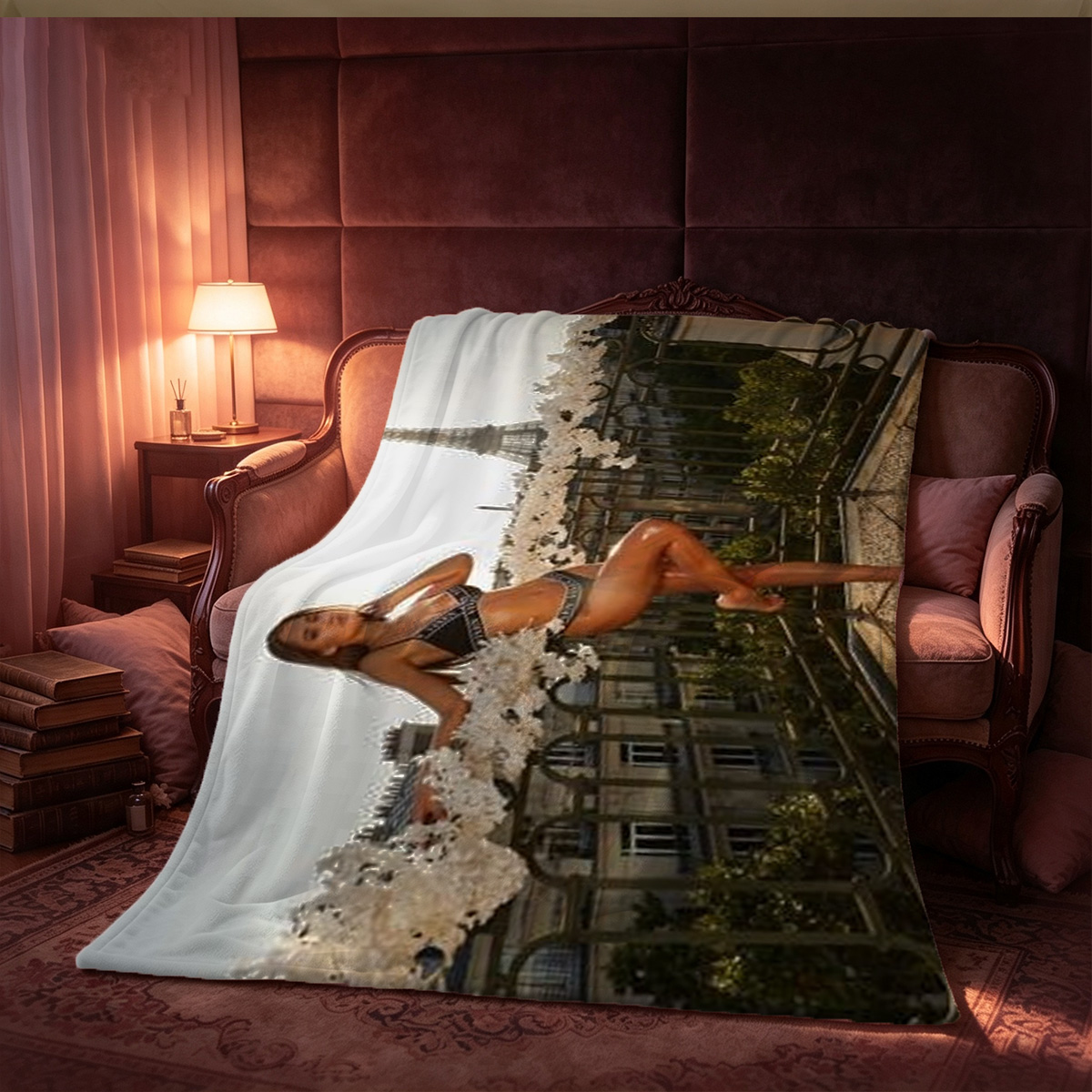 Woman in white lace lingerie posing on orange couch. - Blanket