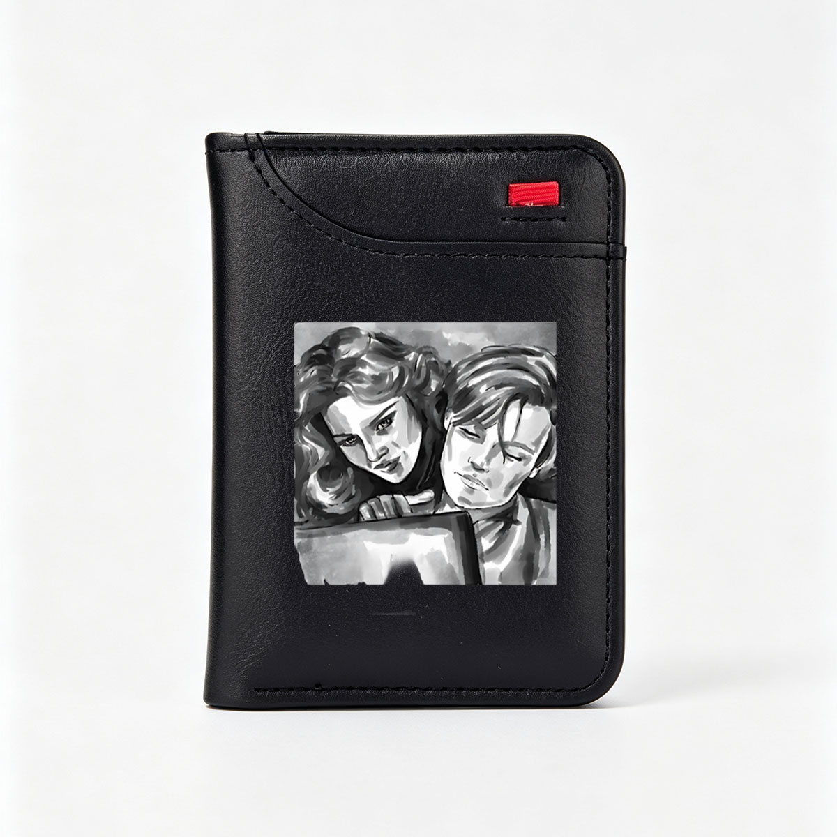 Two Characters Sharing a Moment in Black and White Art - Vertical Style Wallet