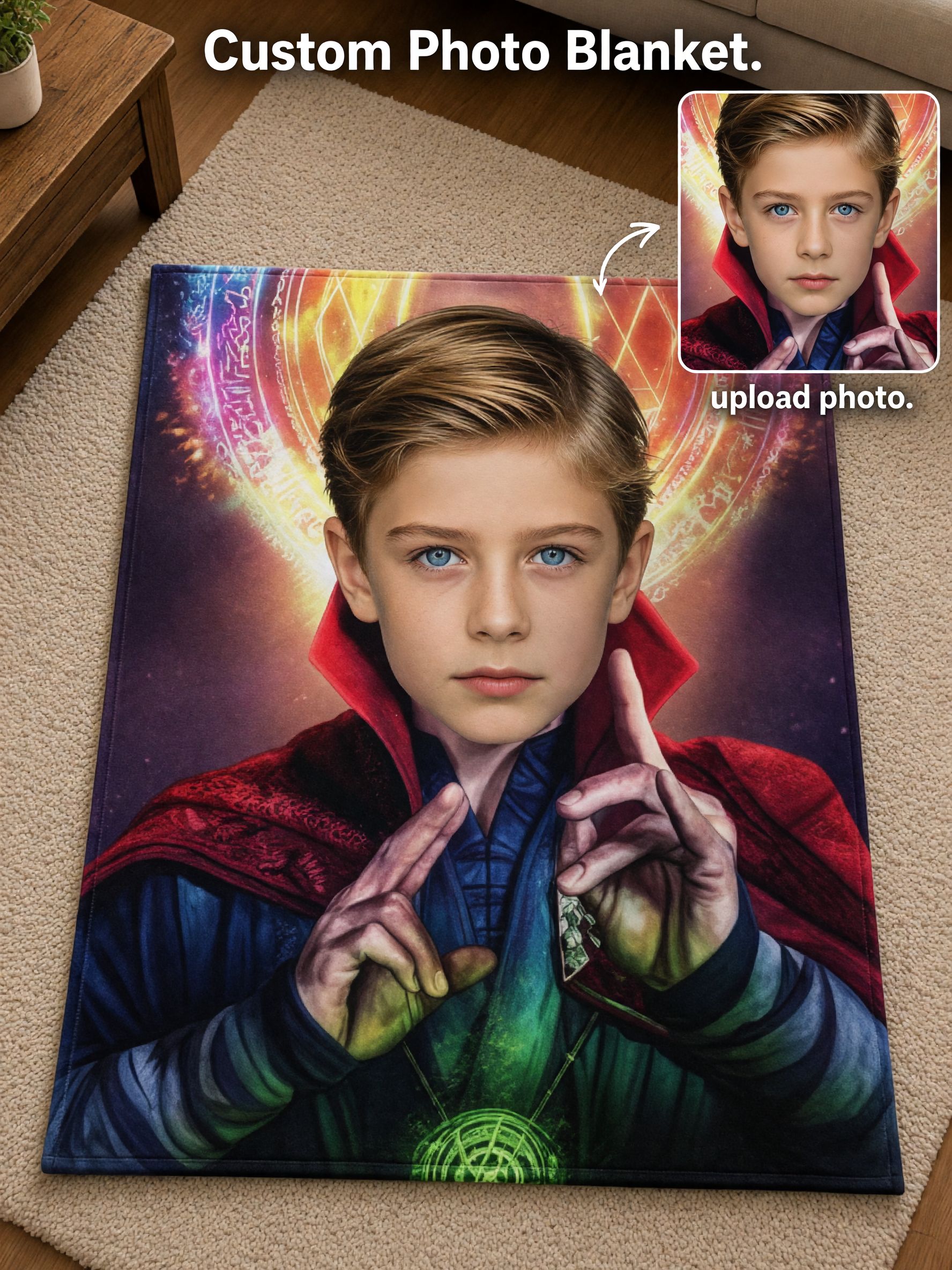 Custom Photo Face Blanket Personalized Flannel Throw with Mystic Sorcerer Hero Graphic Soft Cozy Fleece Keepsake for