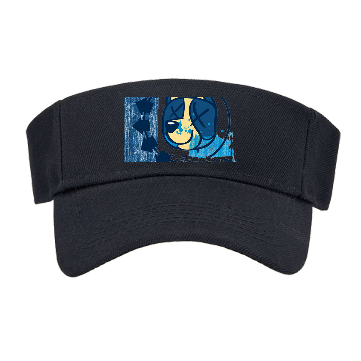 Bluey-182: A stylized blue and yellow cat face with X eyes, arrows, and splatter effects on a textured blue background. -  Visor cap
