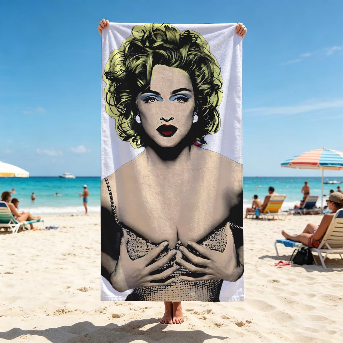 Marilyn Monroe in a Glamorous Pose with Bold Makeup and Iconic Hairstyle - Beach towels