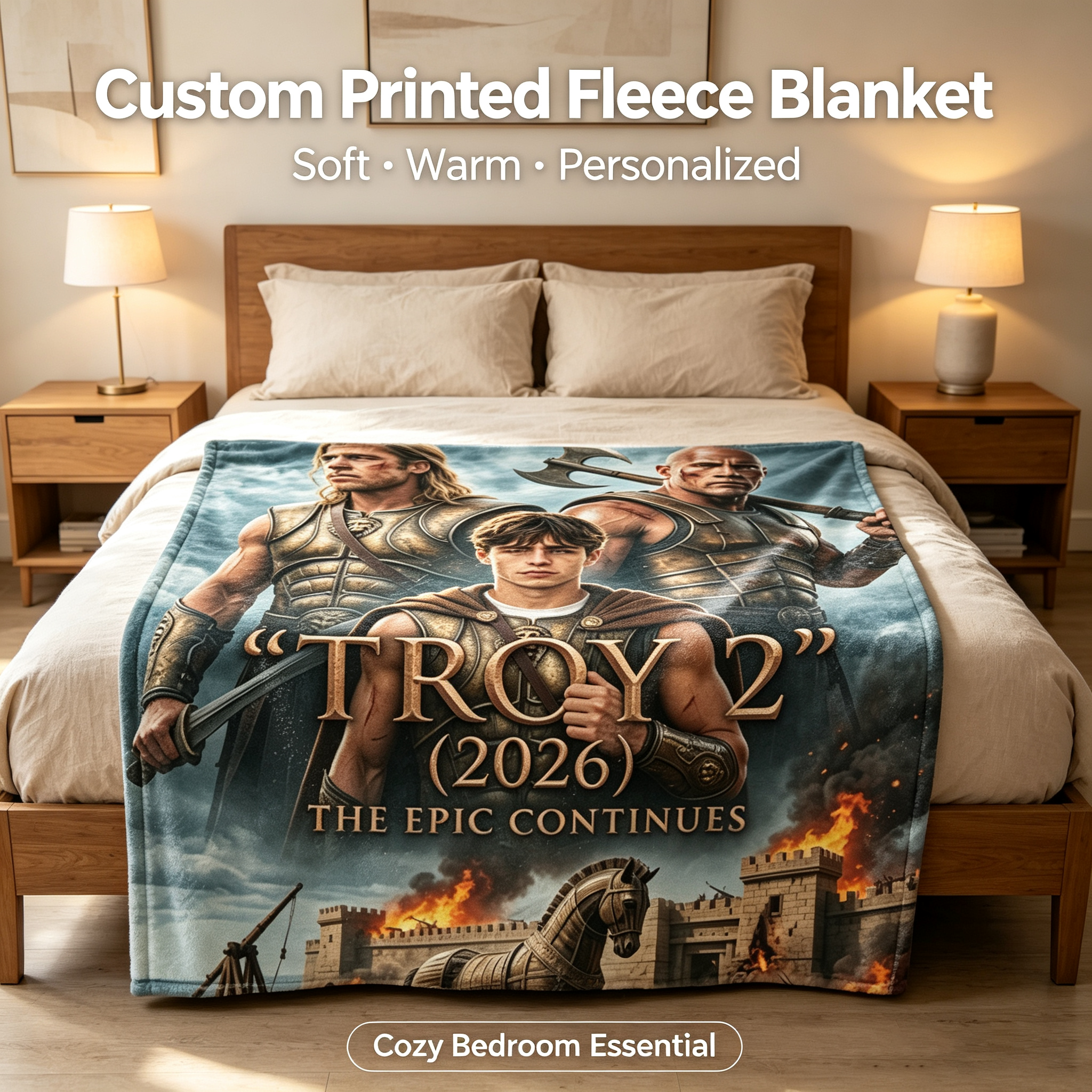 Custom Face Blanket Troy 2 Movie Inspired Flannel Blanket Perfect for Couch, Bed, or Travel Ideal Gift for Fans of Epic War Films and Movie Memorabilia