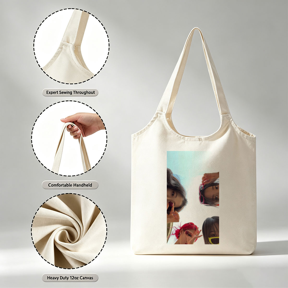 NewJeans Summer Vibes Four Members Holding Cherries Against Sky - Canvas shoulder bags/