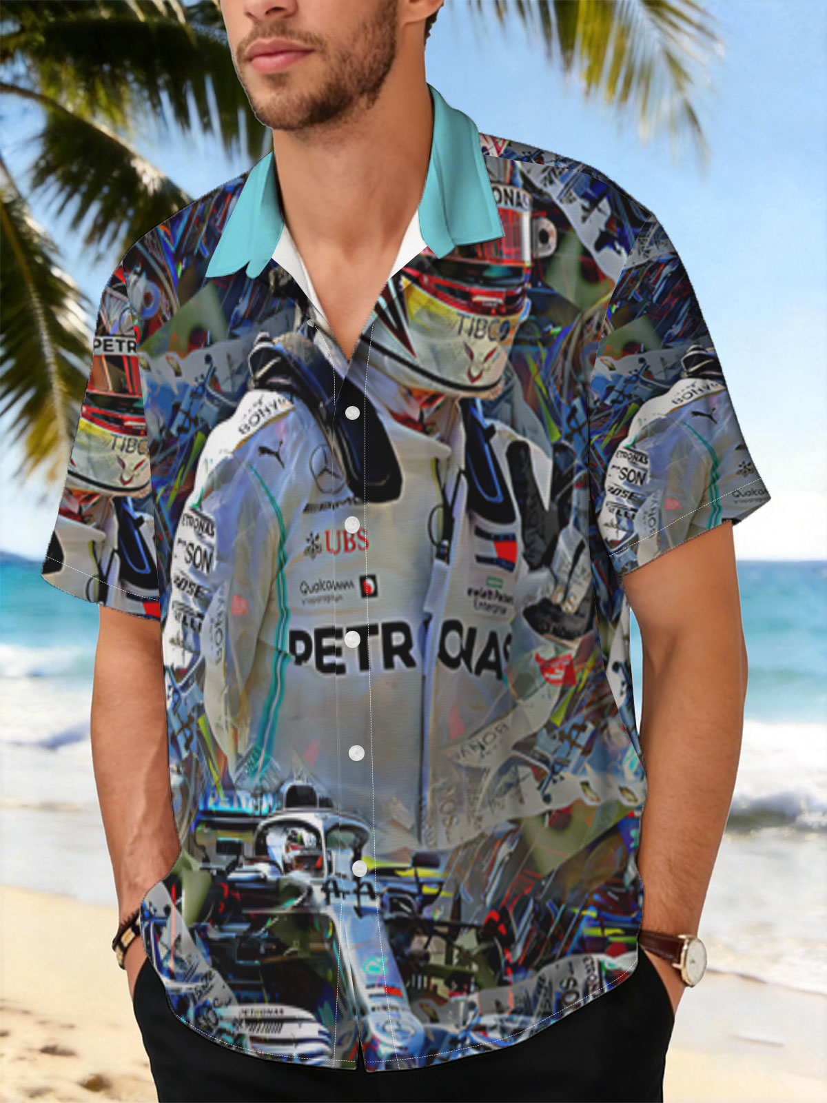 Lewis Hamilton in Mercedes F1 Racing Suit and Helmet, Petronas Sponsorship, Artistic Collage Style -  Shirt