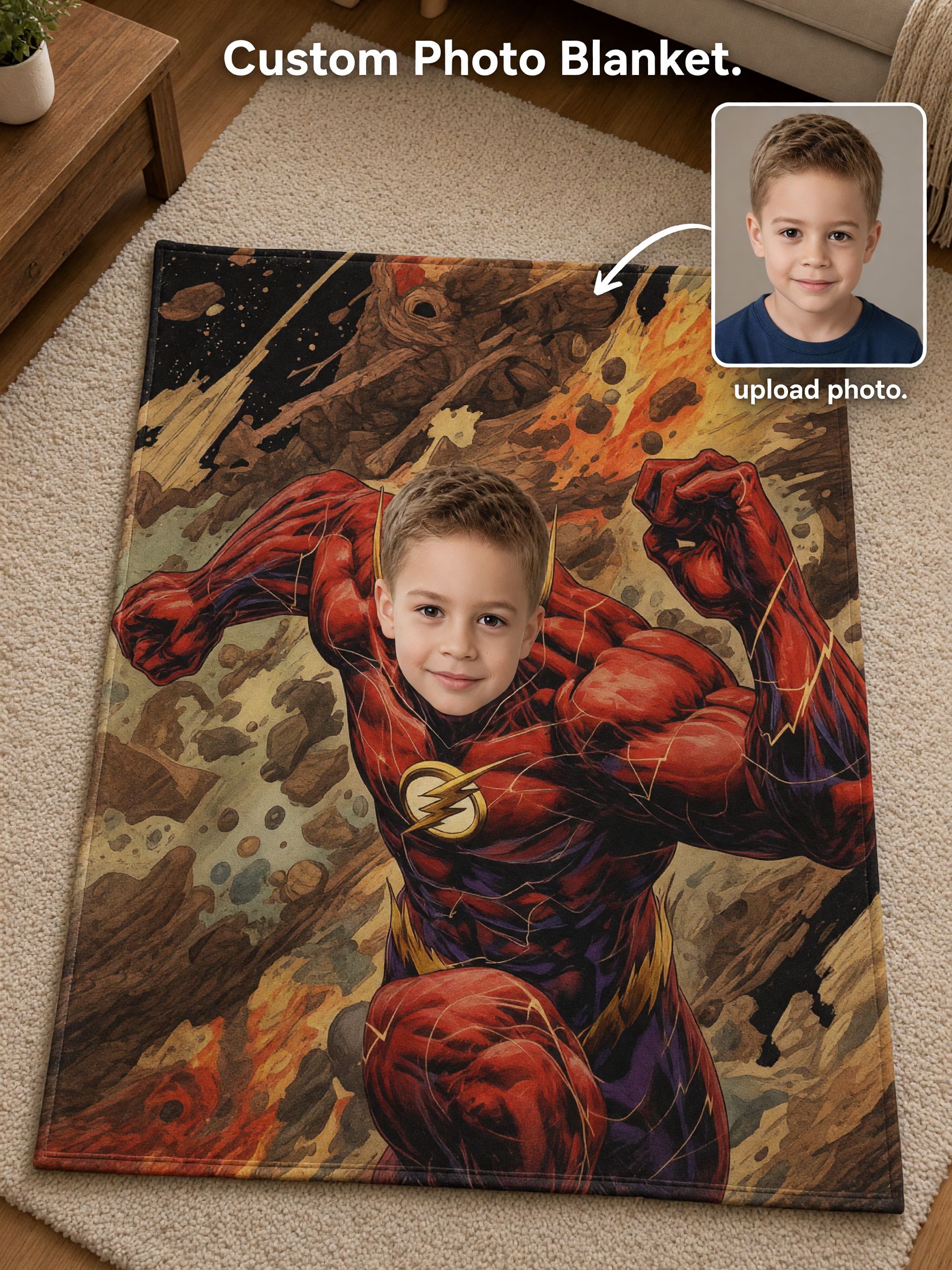 Custom Face Blanket Personalized Superhero Photo Flannel Throw Ultra Soft Skin-Friendly Fleece Bed Couch Gift