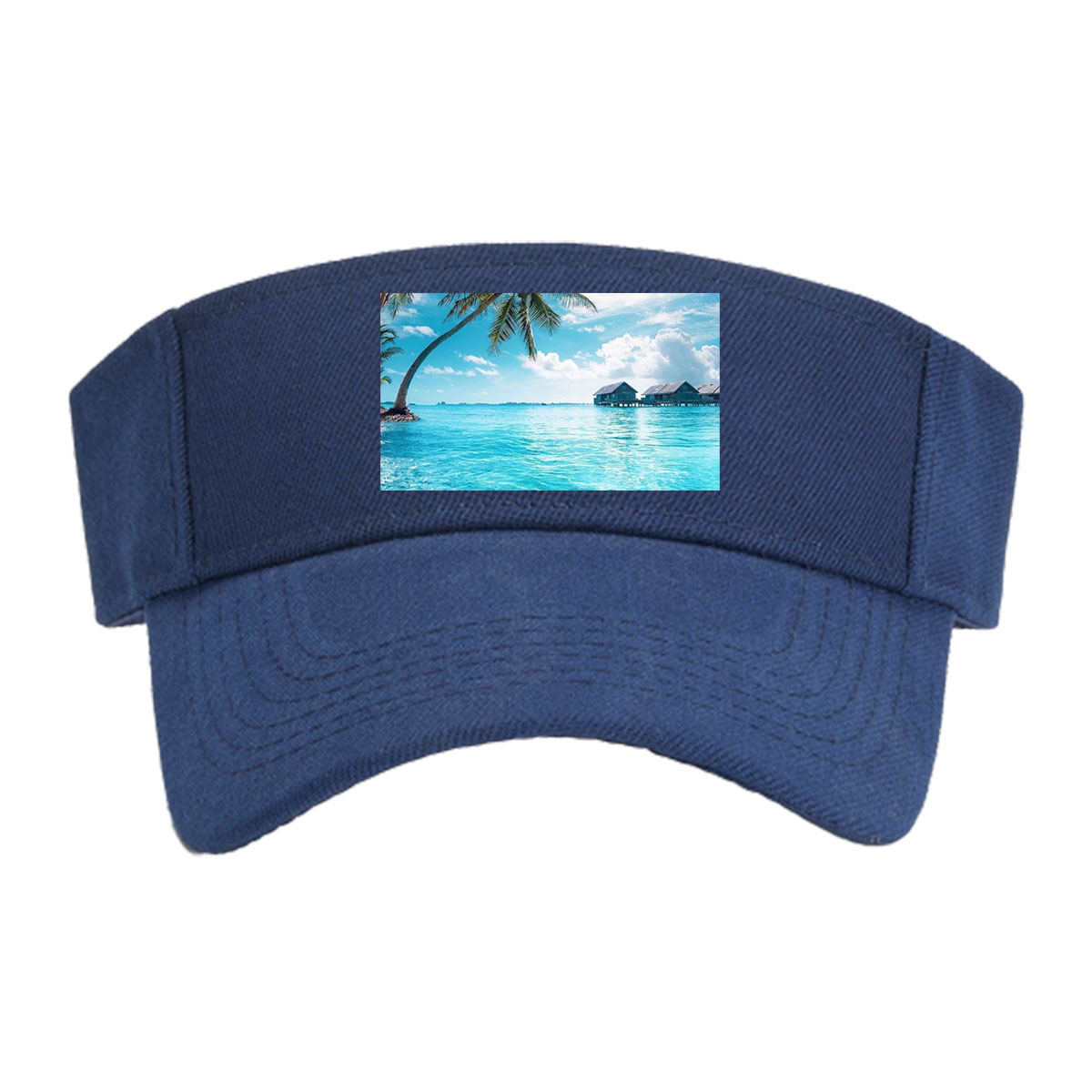 Tropical paradise with palm trees and overwater bungalows in crystal clear blue waters. -  Visor cap