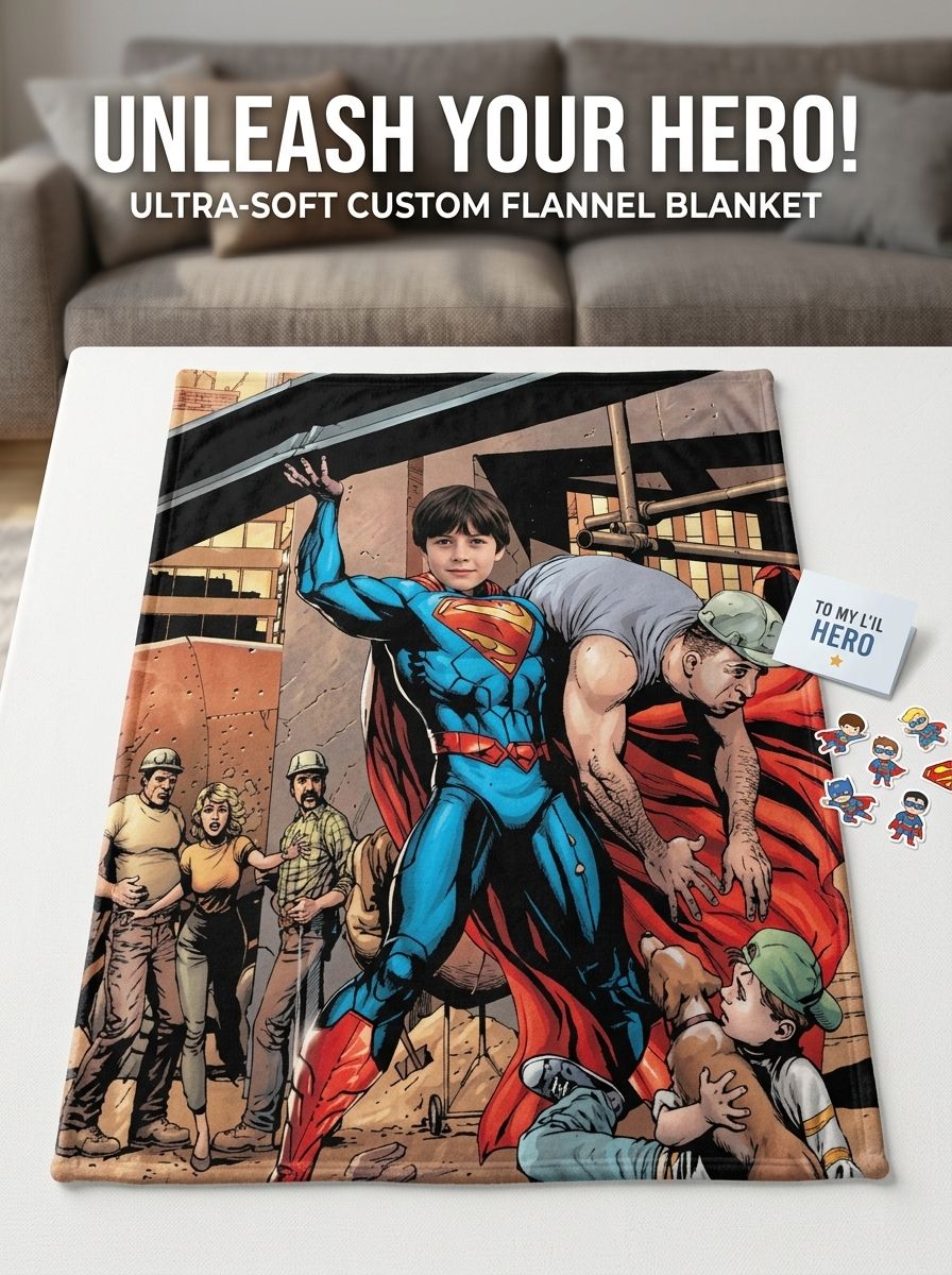 Custom Photo Superhero Flannel Blanket, Personalized Comic Hero Throw, Cozy Soft Keepsake Gift for Kids and Adults