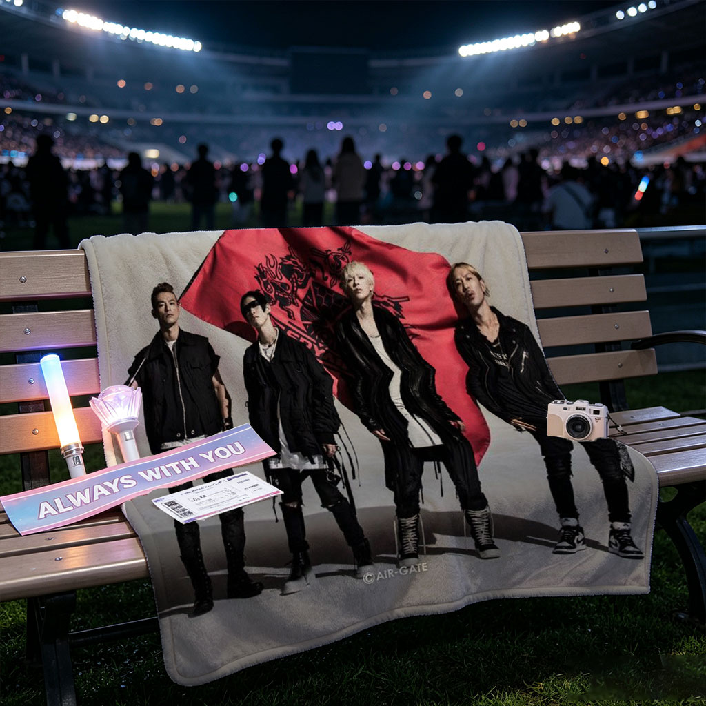 SPYAIR Band Members Standing with Red Flag in Studio Portrait - Blankets