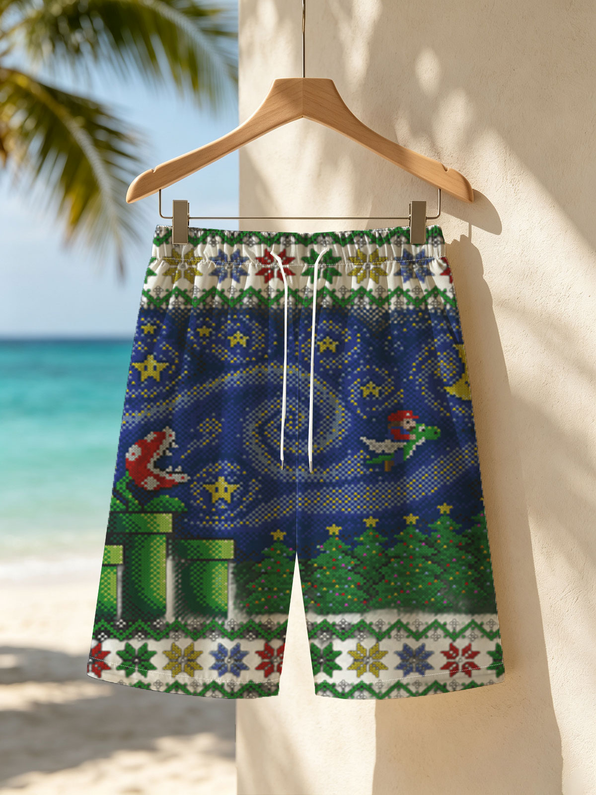 Mario and Yoshi in Starry Night with Bowser and Pipe Scene -  Beach shorts