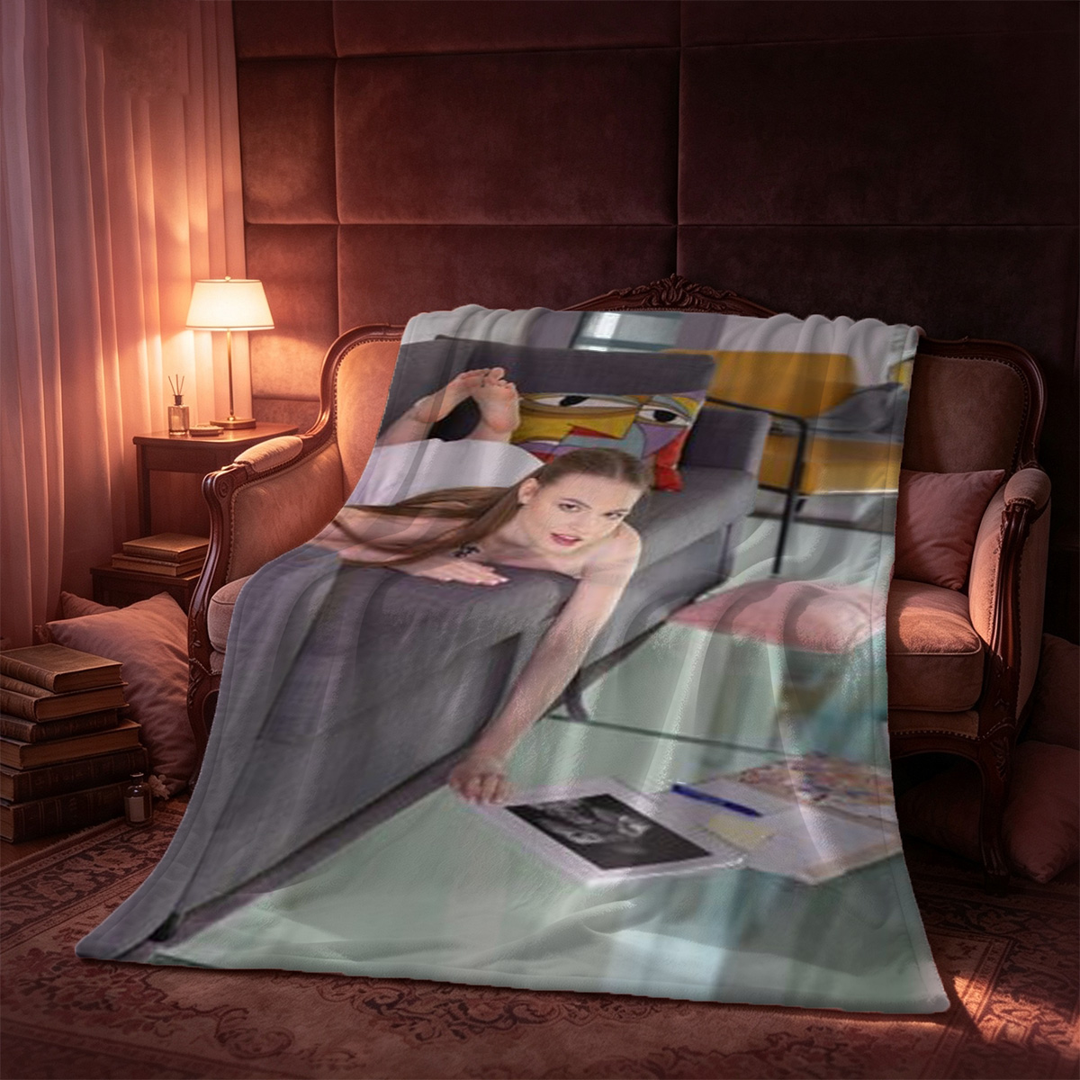 Two Models in Black Lingerie and Stockings Posing in Elegant Room - Blanket