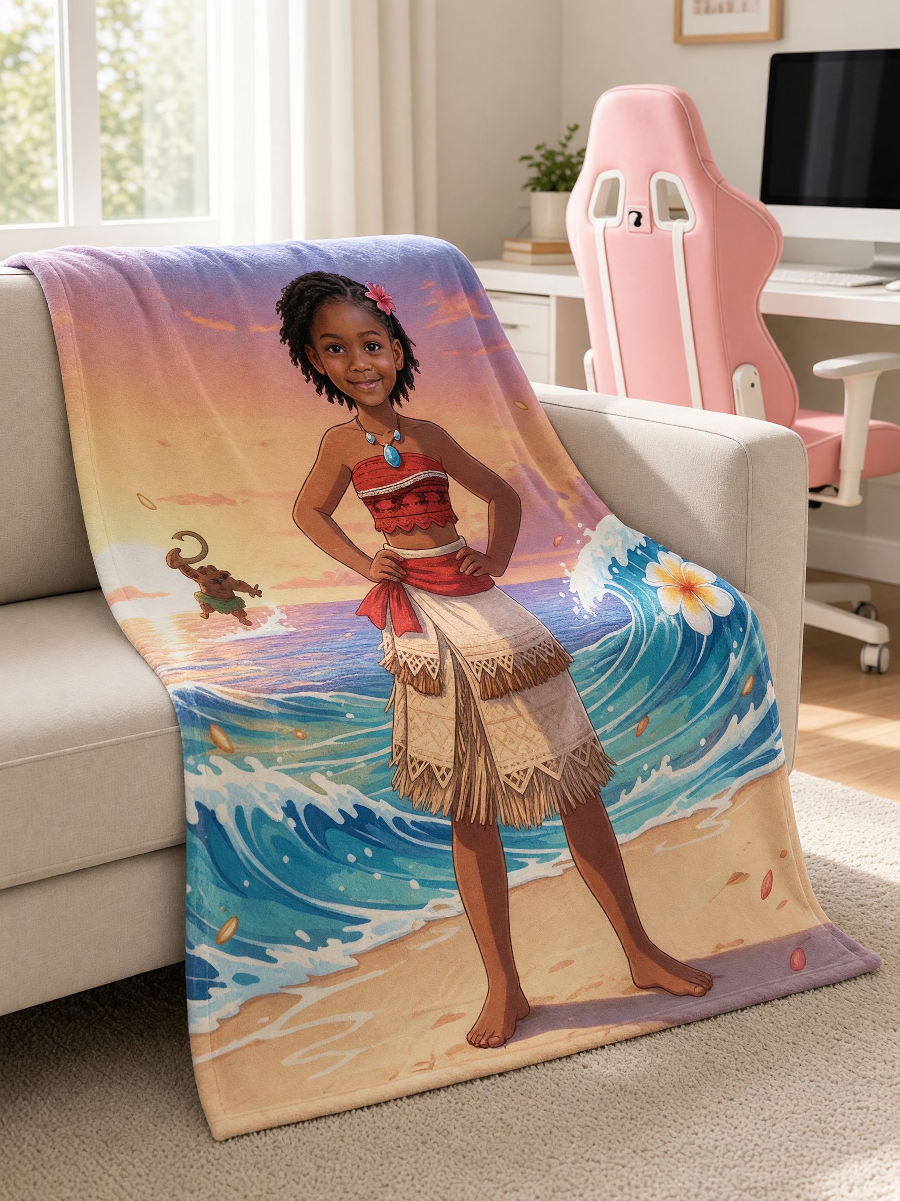 Custom Face Blanket Personalized Ocean Princess Flannel Throw, Ultra Soft Anti-Pilling Fleece Bed Blanket Cozy Gift