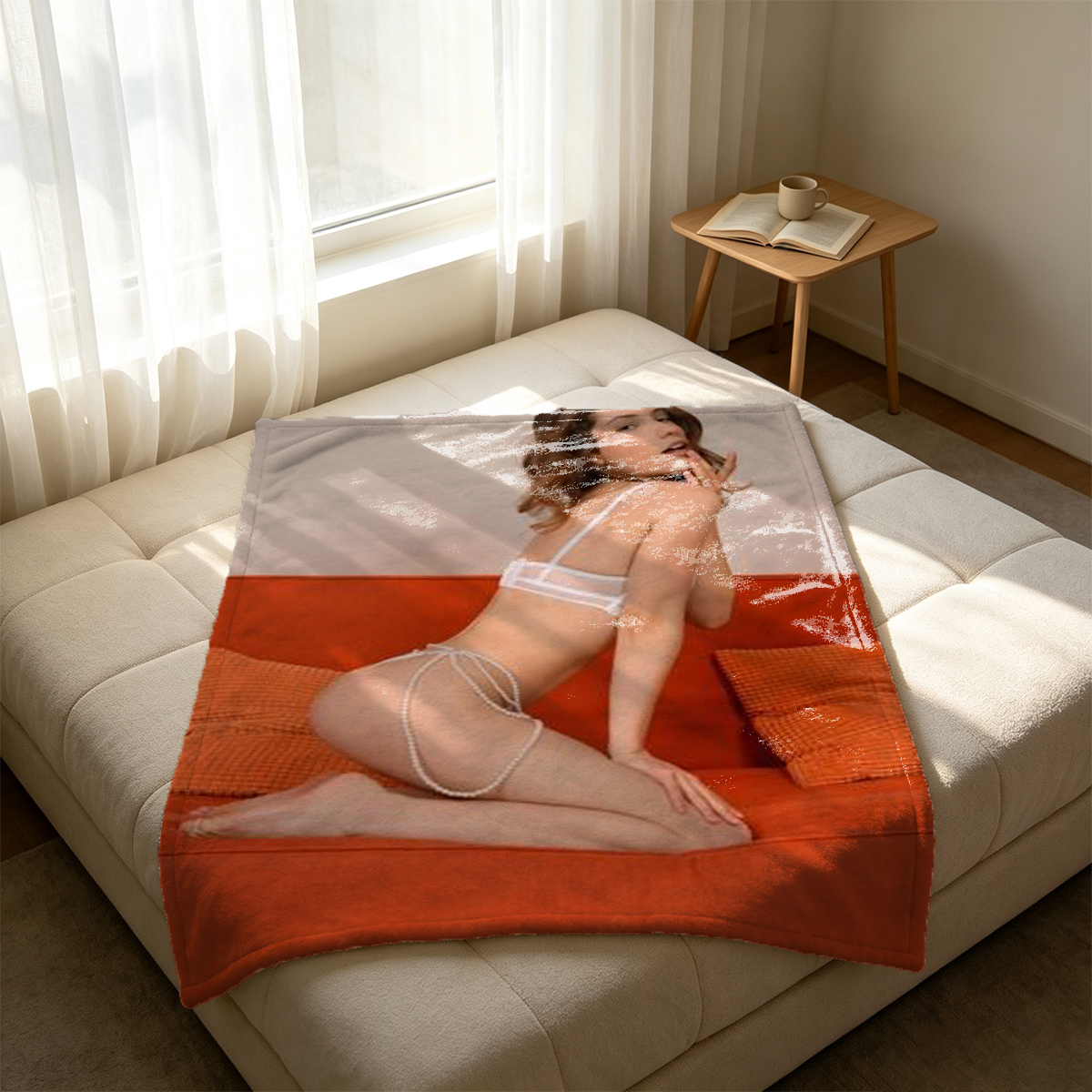 Aubrey Black in sheer black pantyhose and lingerie on bed with legs up - Blanket