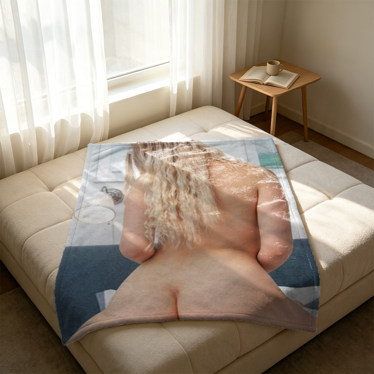Nude Japanese model in seductive pose on chair by window - Blanket