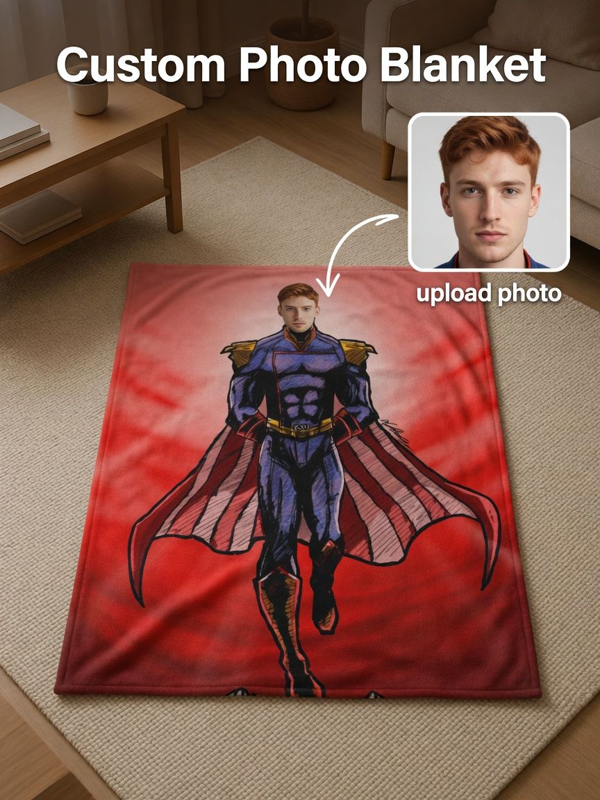 Personalized Superhero Photo Throw Blanket Custom Face Flannel Fleece Bed Cover for Cozy Home Living and Unique Gifts