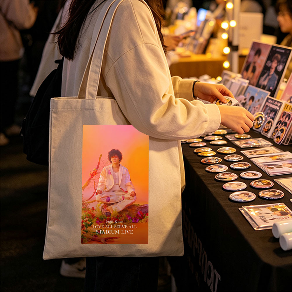 Fujii Kaze Meditating in a Vibrant Floral Landscape with Warm Sunset Background - Canvas tote bags