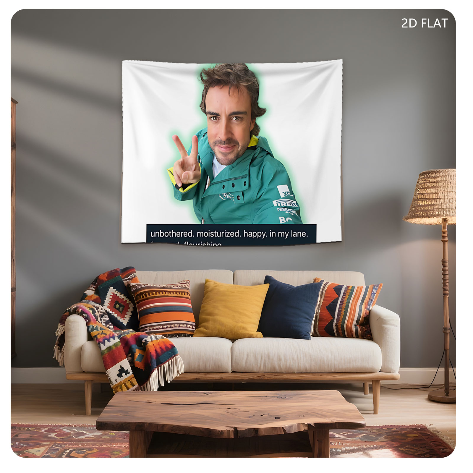 Fernando Alonso in Green Jacket Making Peace Sign with Text Overlay - Tapestry