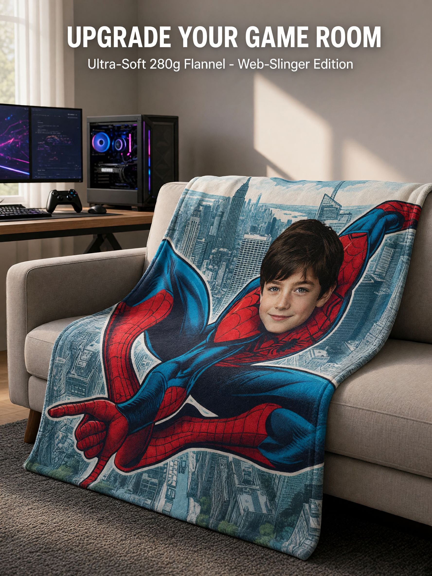Personalized Superhero Face Photo Blanket, Ultra Soft Anti-Pilling Flannel Throw for Kids, Custom Cozy Keepsake Gift