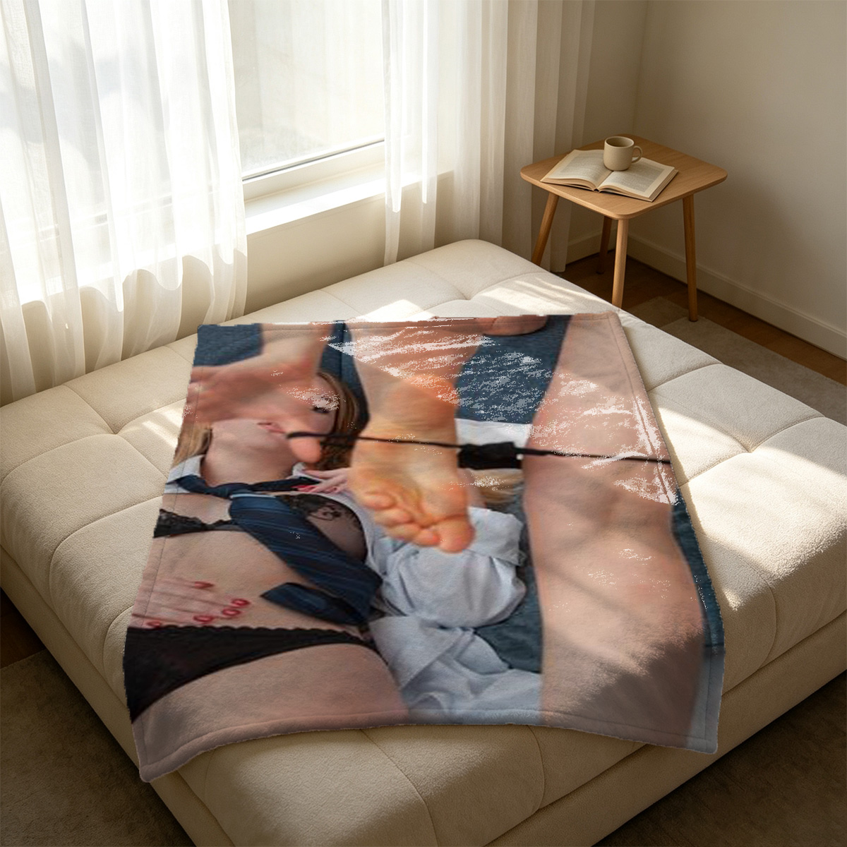 Two seductive women in black lingerie and stockings posing on a golden bench. - Blanket