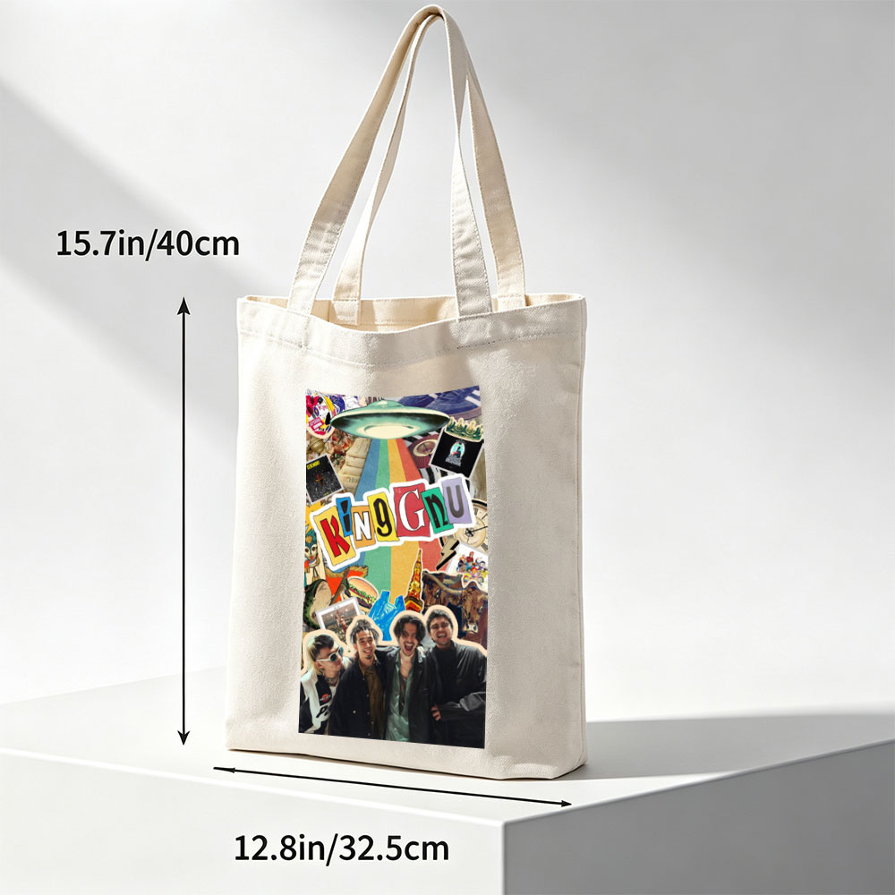 King Gnu Band Members in a Vibrant Collage Featuring Rainbow Path, UFO, and Pop Culture Elements - Canvas tote bags