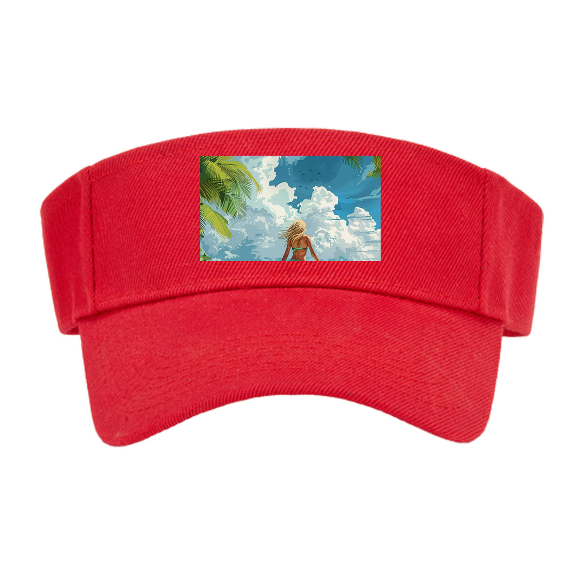 Woman surfing on tropical beach with palm trees and blue sky -  Visor cap