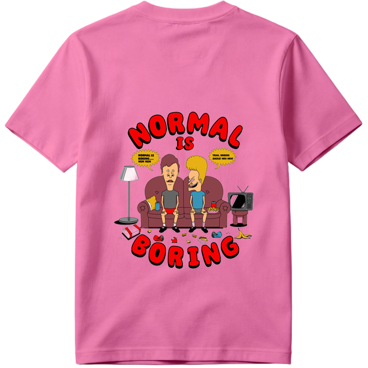 Normal Is Boring: Two Cartoon Characters on Couch with Chaos Around - Tee