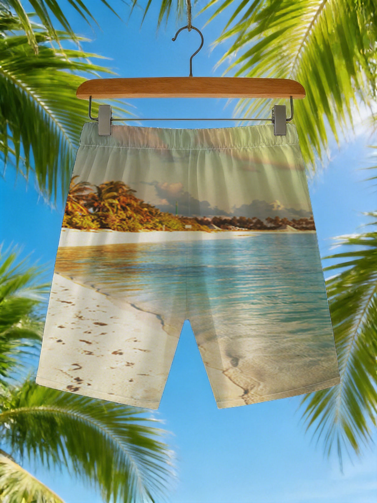 Tropical Beach with Clear Water and Palm Trees -  Beach shorts