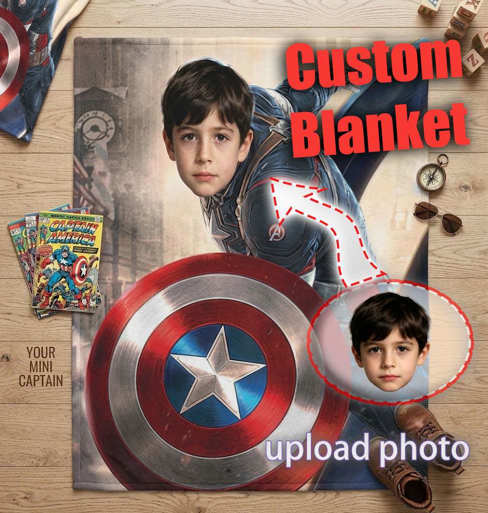 DIY Custom Face Captain America Blanket, Battle Fire Smoke Theme Upload Kid Photo Personalized Fleece Throw Blanket for Boys