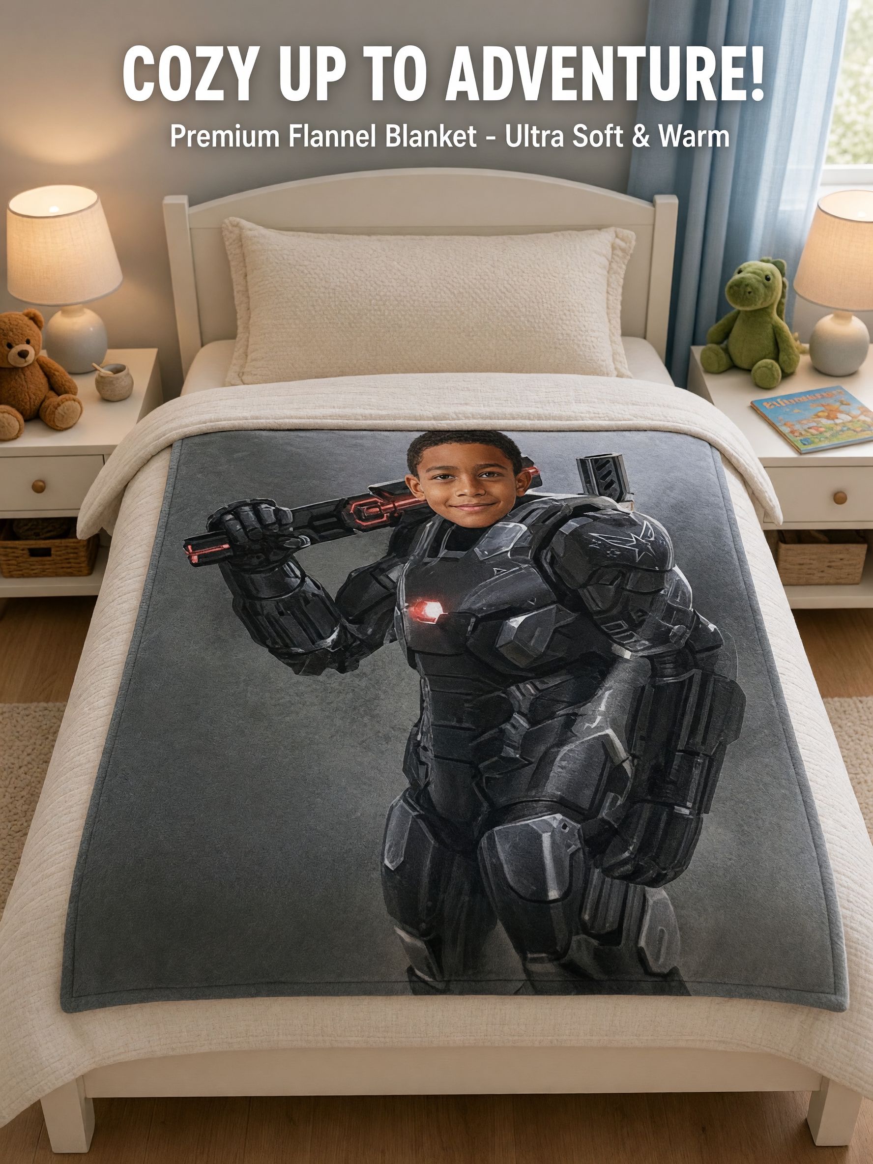 Custom Face Photo Flannel Blanket Personalized Sci Fi Armor Throw Ultra Soft Warm Cozy Gift For Kids And Family