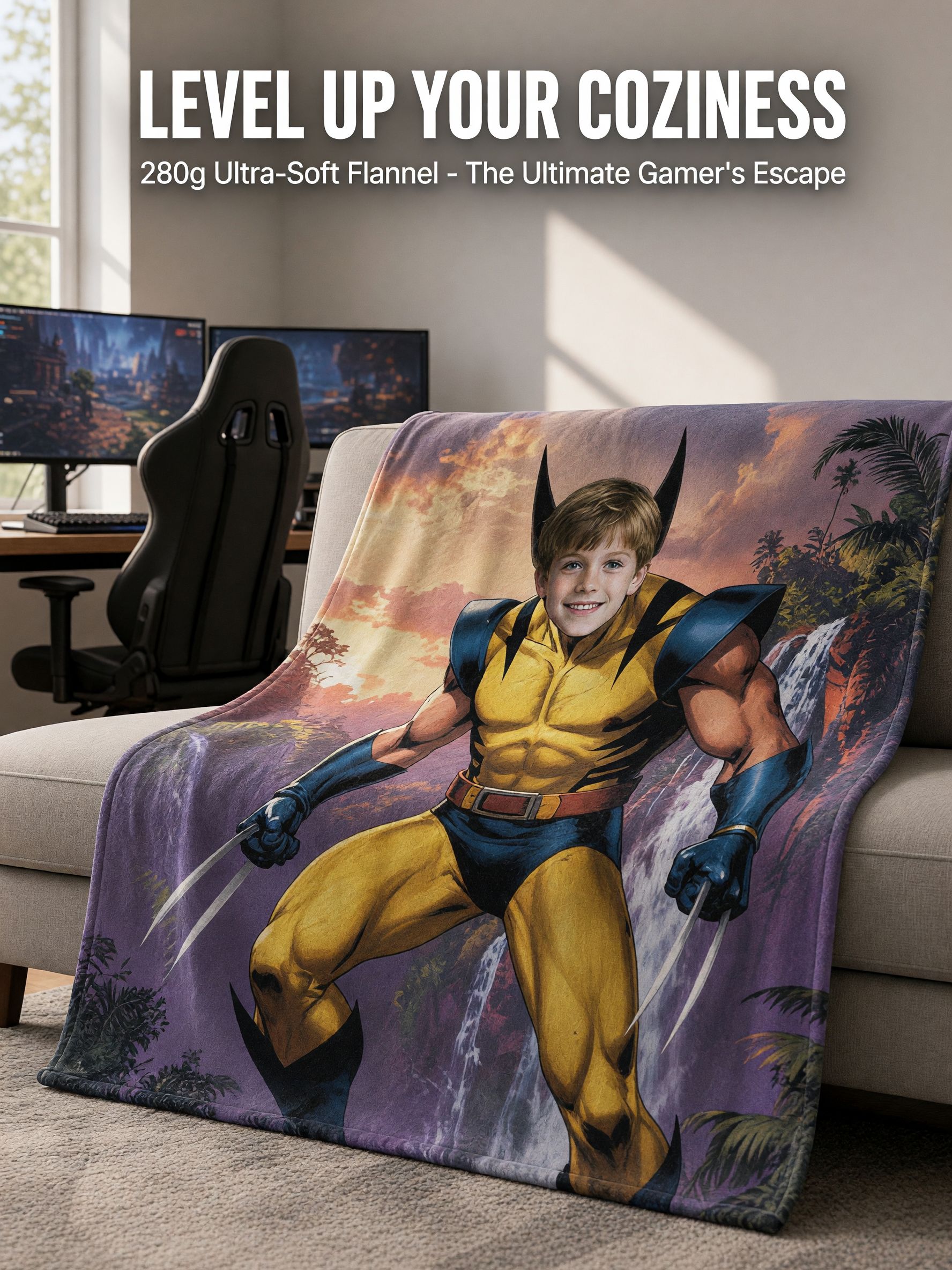 Custom Photo Superhero Flannel Blanket Personalized Face Comic Art Throw for Couch Bed, Cozy Gift
