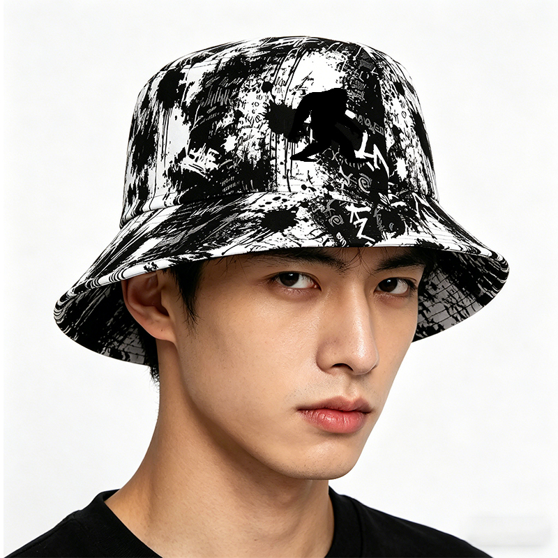 Unisex Classic Graffiti Bucket Hat with Bigfoot Silhouette Print - Casual Outdoor Sun Protection Hat for Men and Women, Perfect for Hiking, Camping, Travel, and Everyday Wear