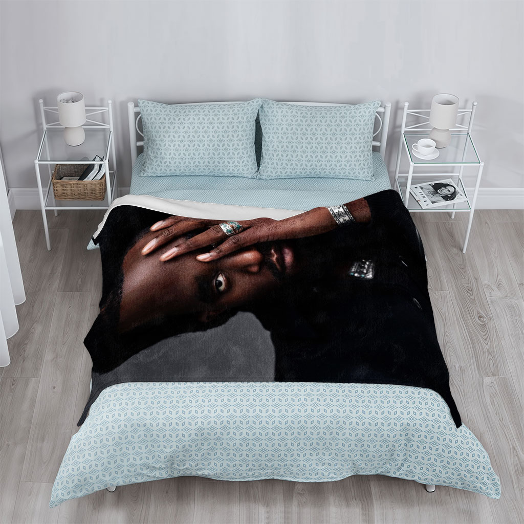 Kendrick Lamar Portrait with Hand on Face and Silver Jewelry - Blankets