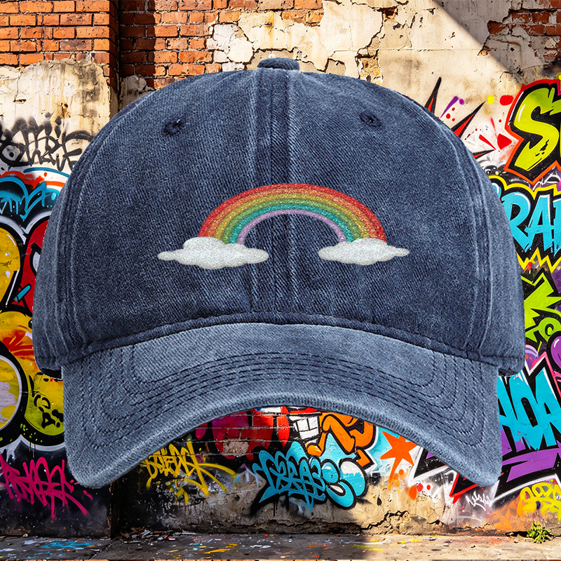 Unisex Classic Washed Cap with Glitter Rainbow and Cloud Print - Perfect for Casual Outings, Festivals, and Everyday Wear - Ideal for Youth and Adults Seeking Fun, Trendy Headwear