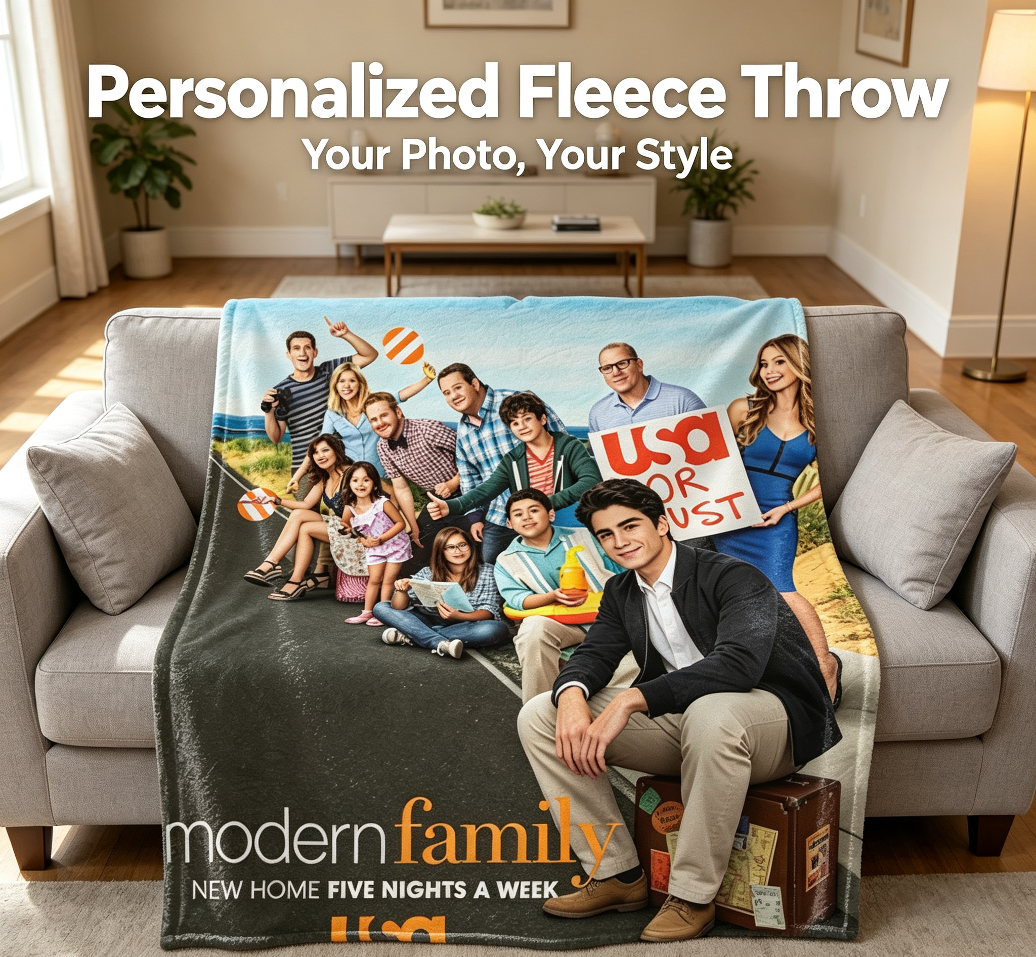Custom Face Blanket Modern Family Flannel Blanket for Cozy Nights at Home – Perfect Gift or Giveaway for Fans of the USA Network Show