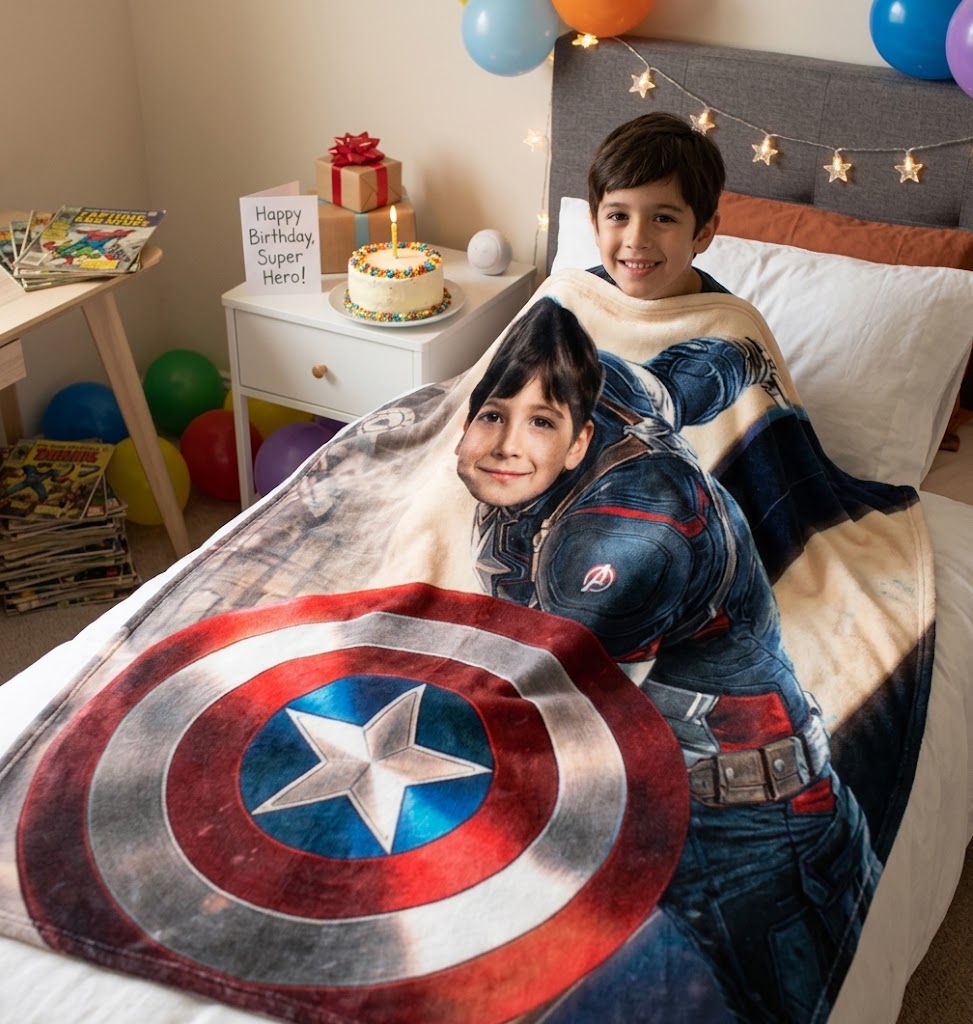 DIY Custom Face Captain America Blanket, Battle Fire Smoke Theme Upload Kid Photo Personalized Fleece Throw Blanket for Boys