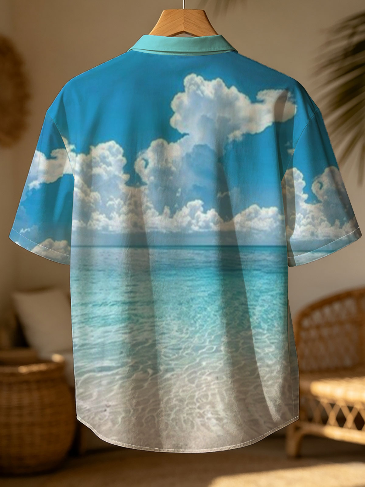 Crystal clear turquoise waters meet soft sandy beach under a vibrant blue sky with fluffy white clouds. -  Shirt