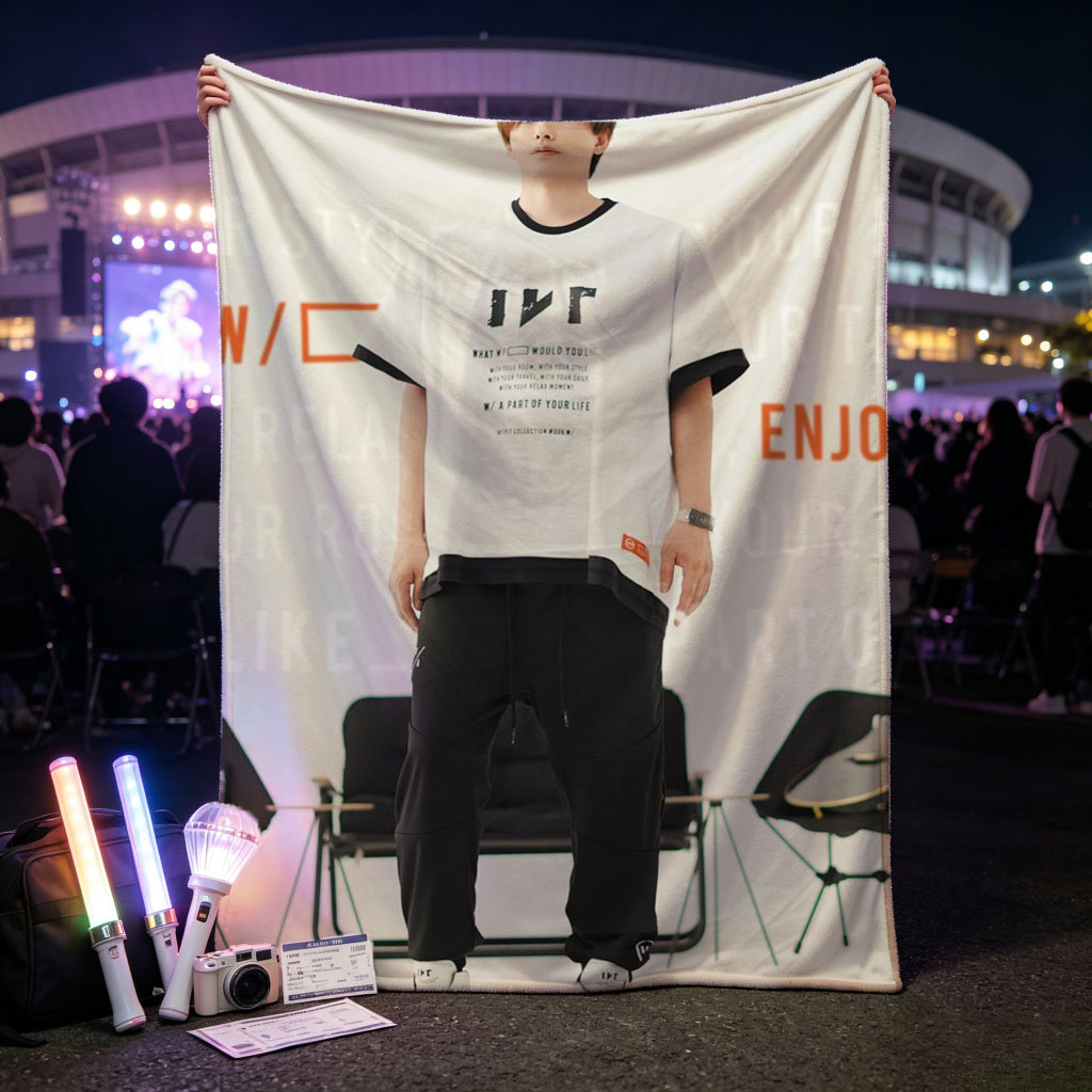Jinwoo Park in Fashion Show - Wearing White Graphic Tee and Black Cargo Pants with Sneakers - Blankets