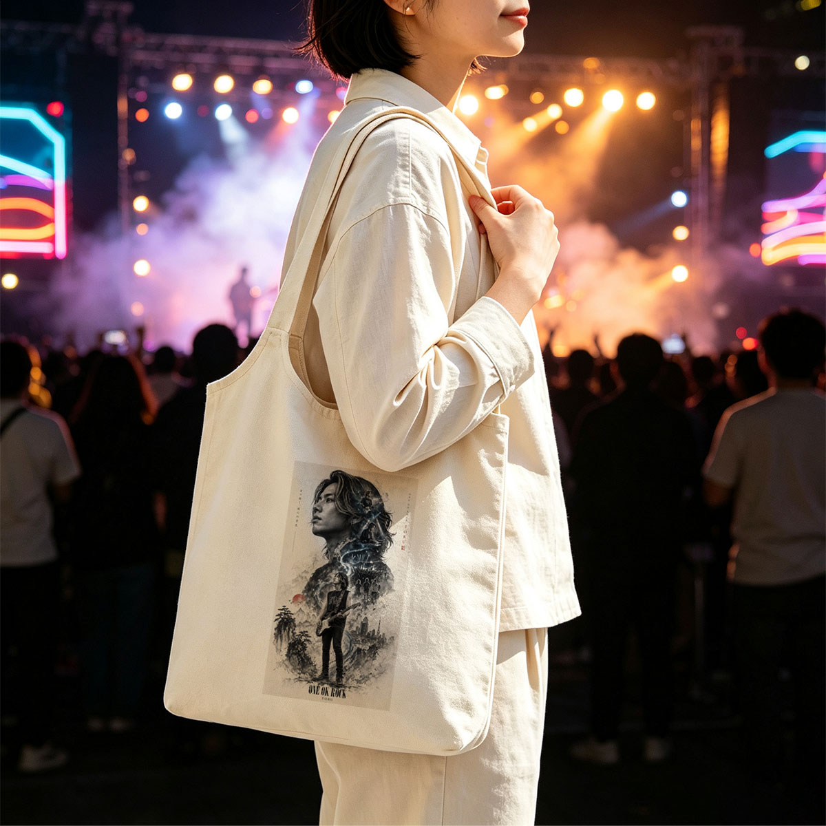 ONE OK ROCK TORU Live Performance Artwork Featuring Guitarist in Urban Landscape with Band Members and Cityscape Background - Canvas shoulder bags/
