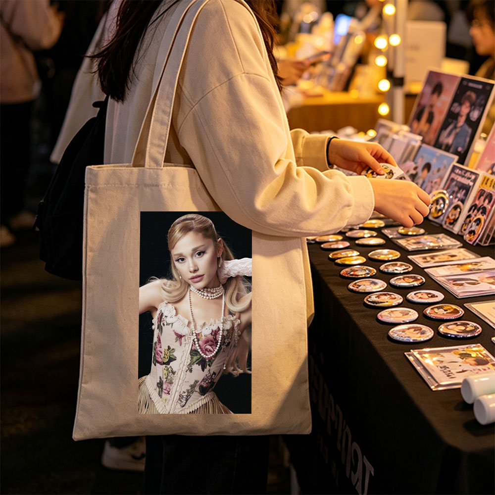 Ariana Grande in Elegant Floral Corset with Pearl Necklace and Vintage Style Pose - Canvas tote bags