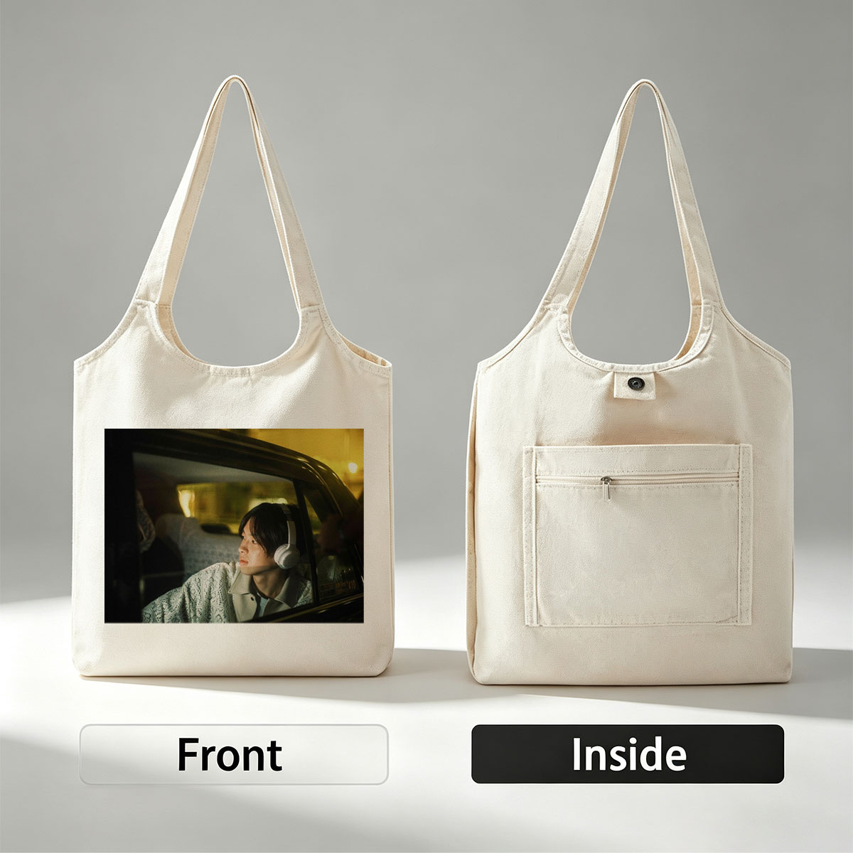 Yosuke Sugino in a Car at Night Wearing Headphones and Looking Out the Window - Canvas shoulder bags/