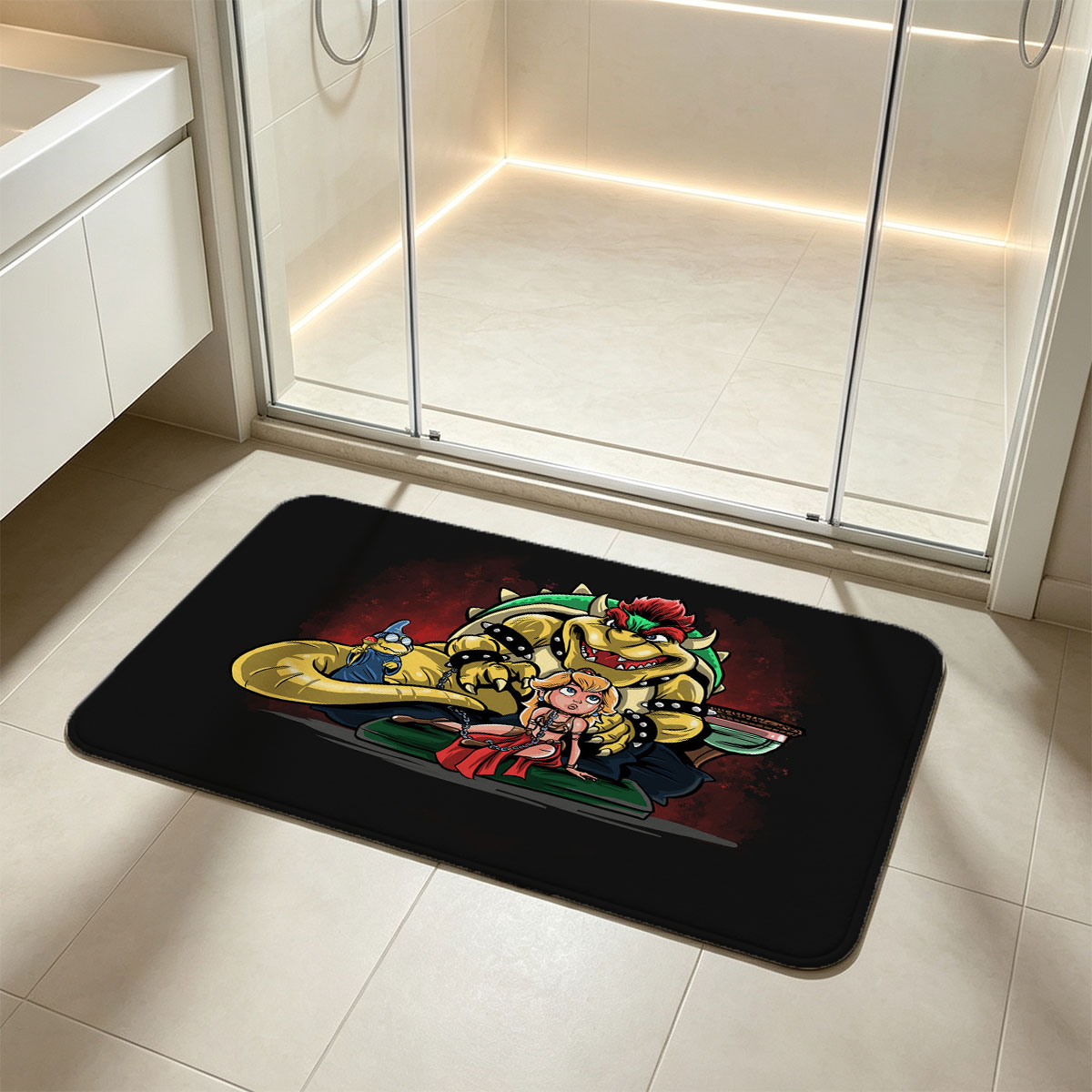 Bowser, Princess Peach, and Kamek in a Dramatic Scene - Flannel floor mat