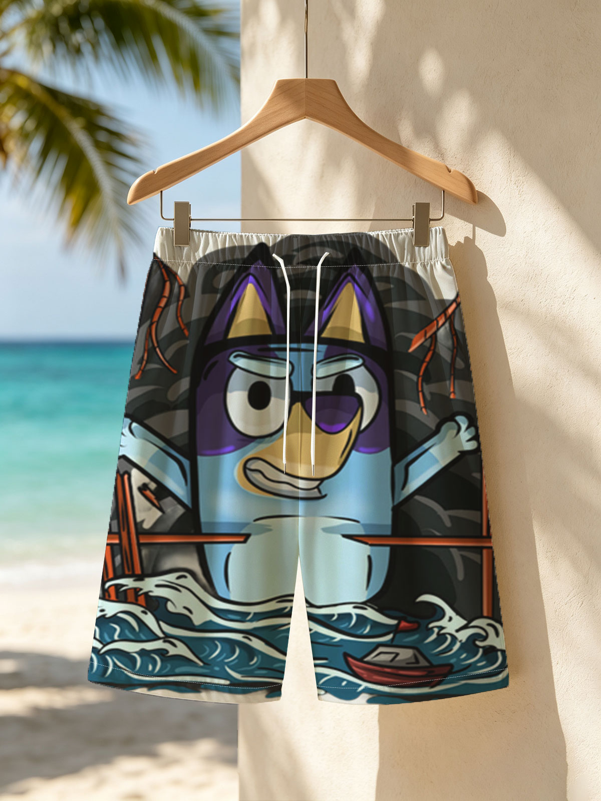 Bluey the Pirate Dog in a Stormy Sea Adventure -  Beach shorts