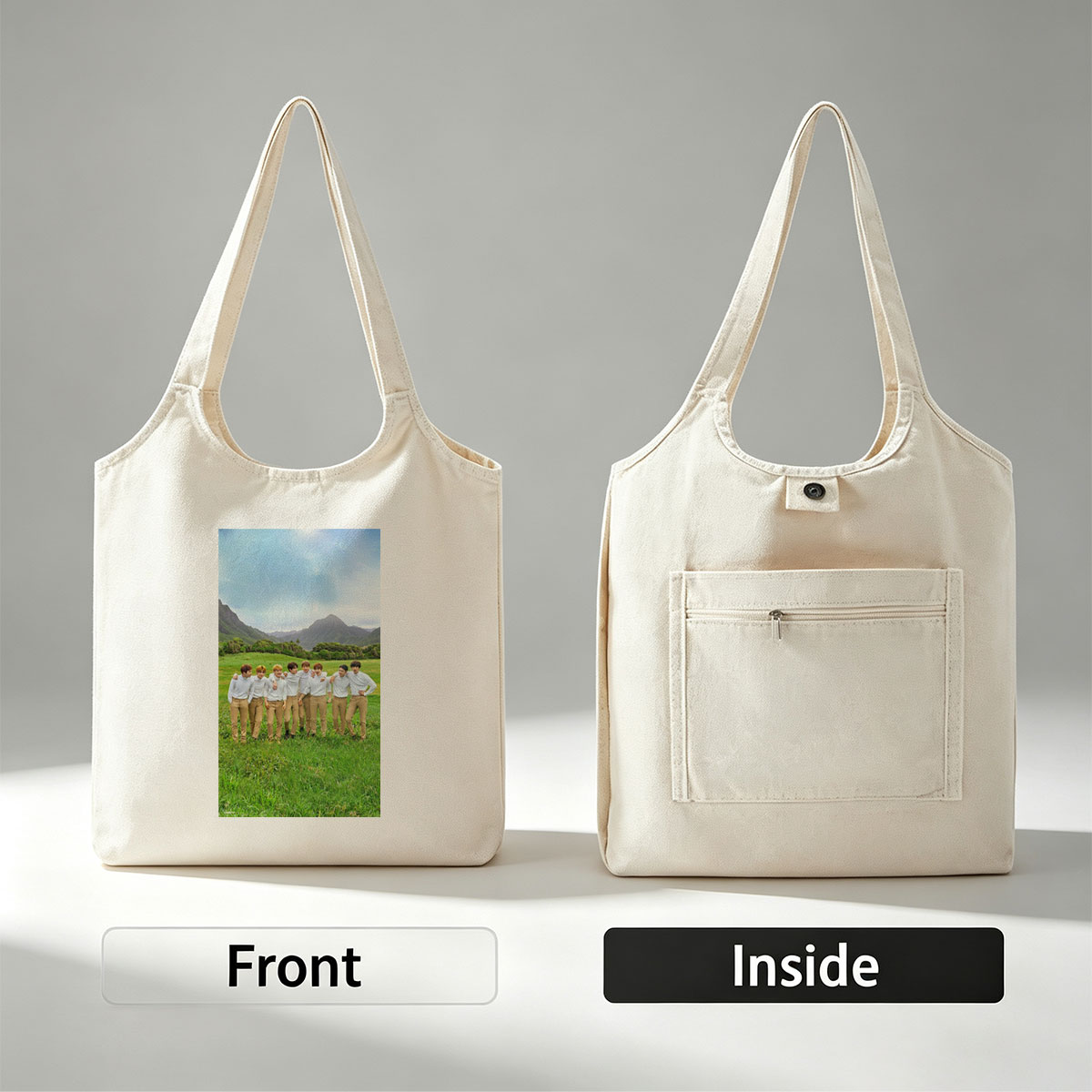 BTS in a Serene Mountain Field Wearing Matching White Shirts and Beige Pants - Canvas shoulder bags/
