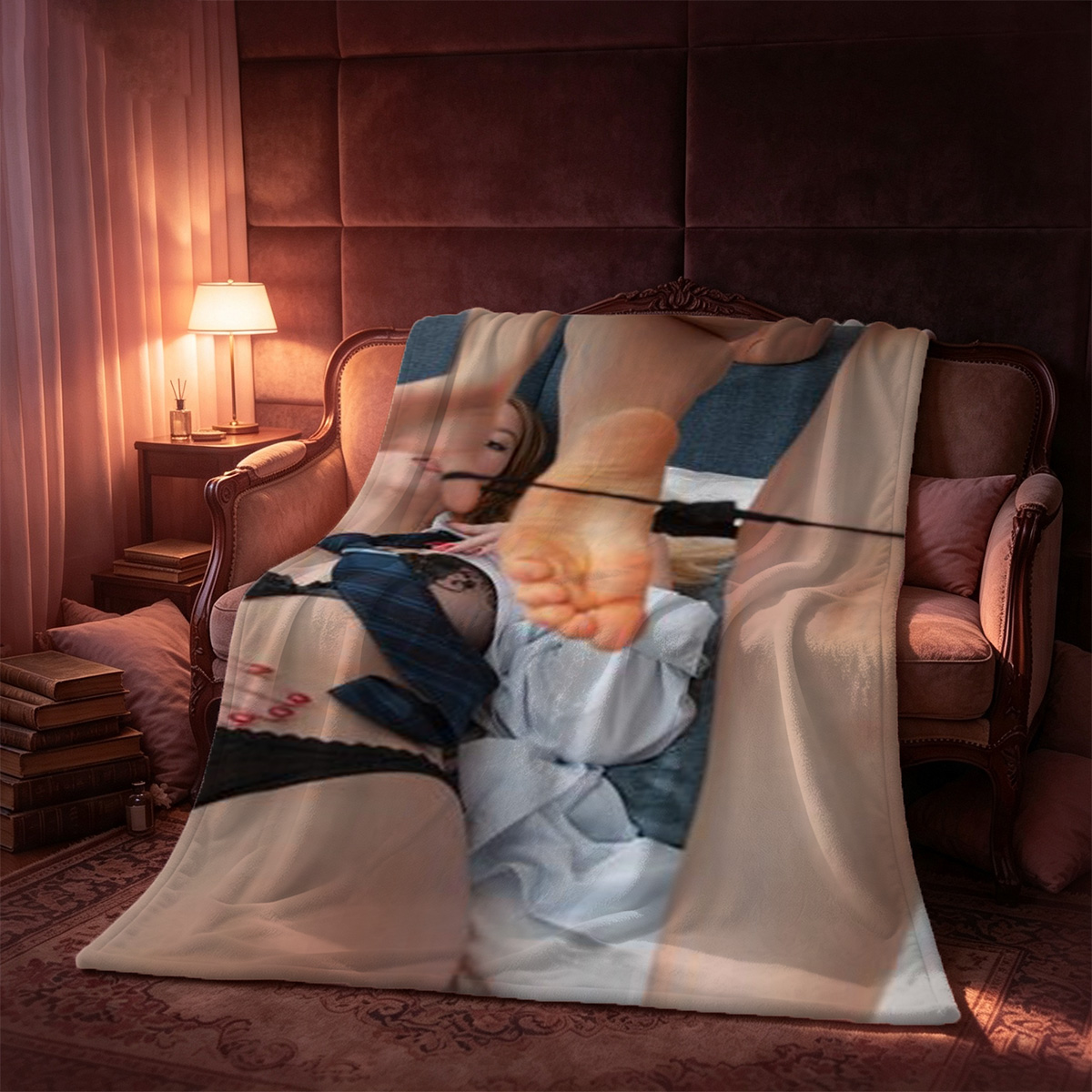 Two seductive women in black lingerie and stockings posing on a golden bench. - Blanket