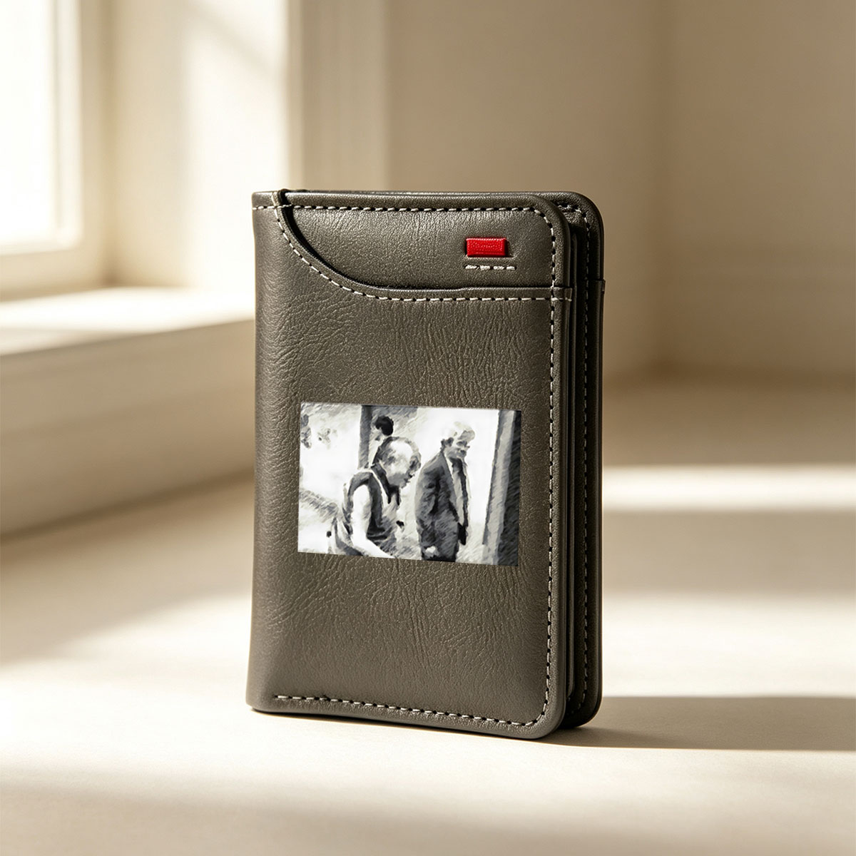 Two Men in Conversation, One in Suit, Monochrome Sketch - Vertical Style Wallet