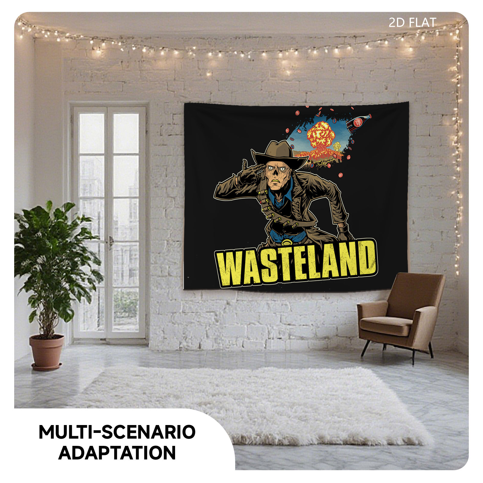 Wasteland: Cowboy in Post-Apocalyptic Desert with Explosion and Bottle - Tapestry