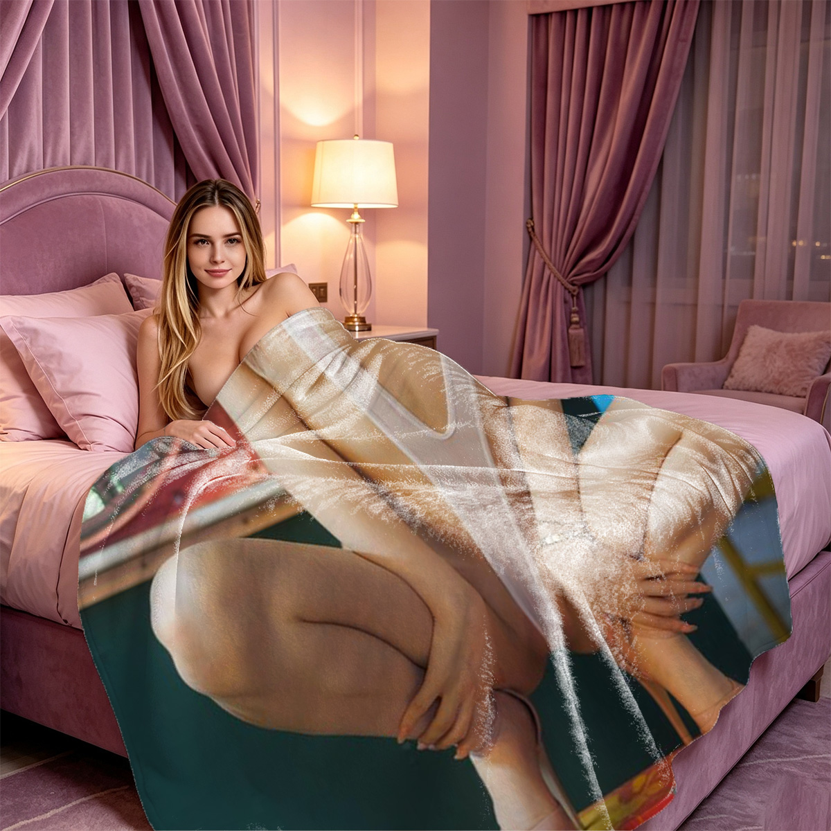 Emma Watson in pink floral lingerie, seductive pose in bedroom. - Blanket