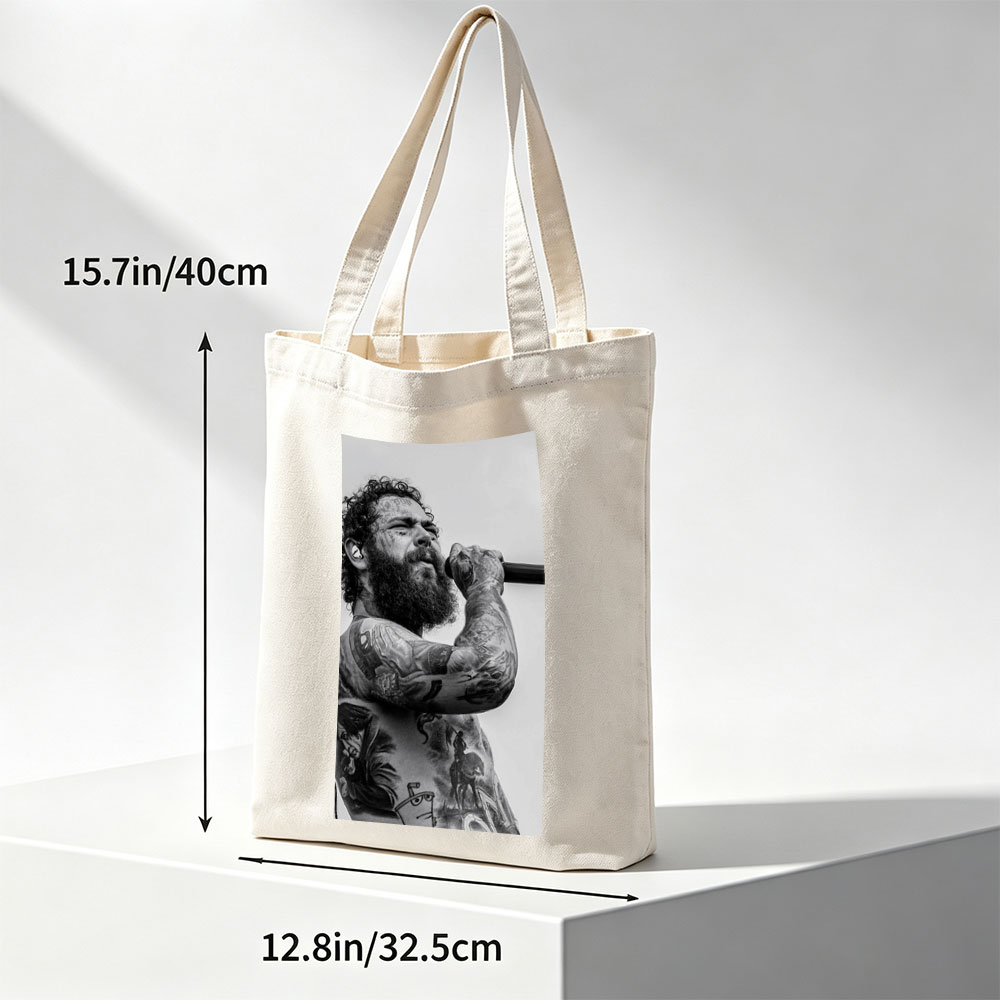 Post Malone Performing on Stage with Tattooed Arms and Beard in Black and White Photo - Canvas tote bags
