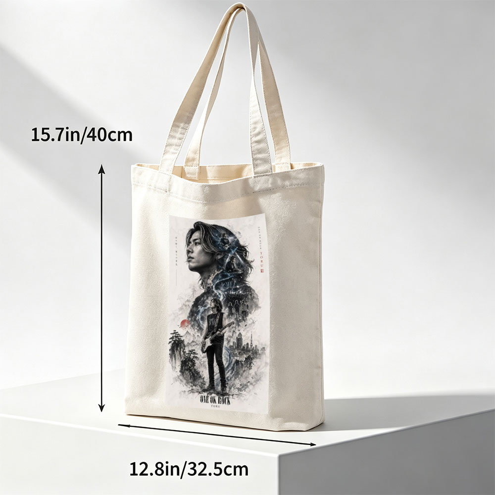 ONE OK ROCK TORU Live Performance Artwork Featuring Guitarist in Urban Landscape with Band Members and Cityscape Background - Canvas tote bags
