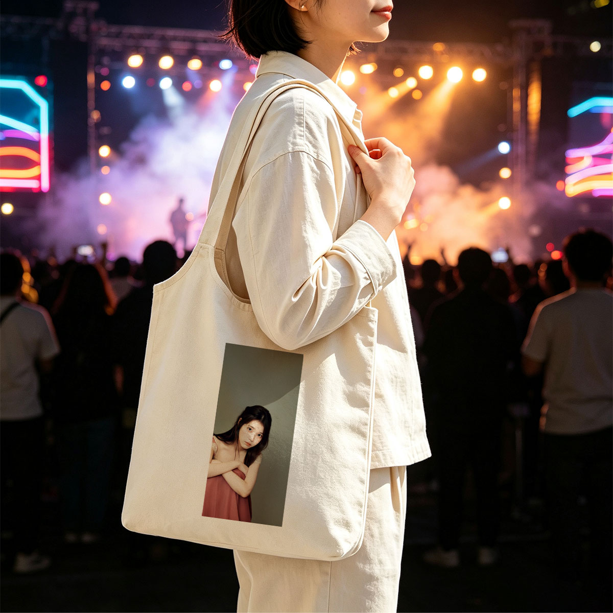 Rina Sawayama in a Soft Portrait Wearing a Pink Dress with Crossed Arms - Canvas shoulder bags/